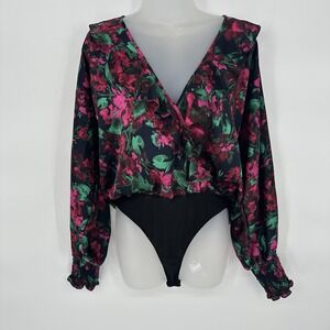 MISA Los Angeles Sz‎ M V-Neck Black Floral Long Sleeve Dolman Sleeve Bodysuit